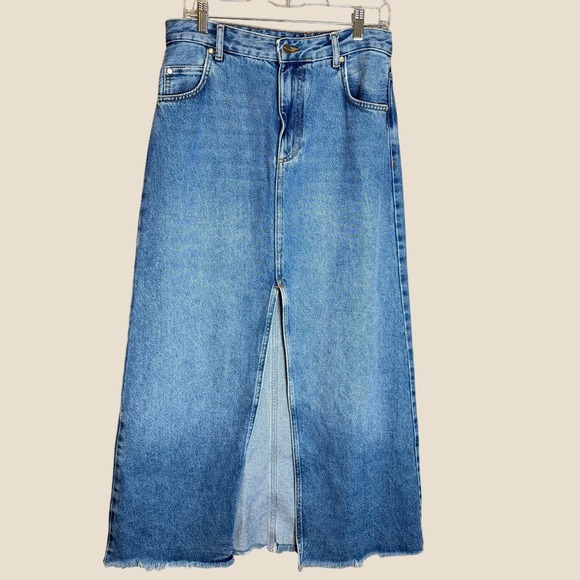 Pilcro Dresses & Skirts - Anthropologie Pilcro Denim Maxi Skirt 12 Blue Jean Front Slit Distressed Raw